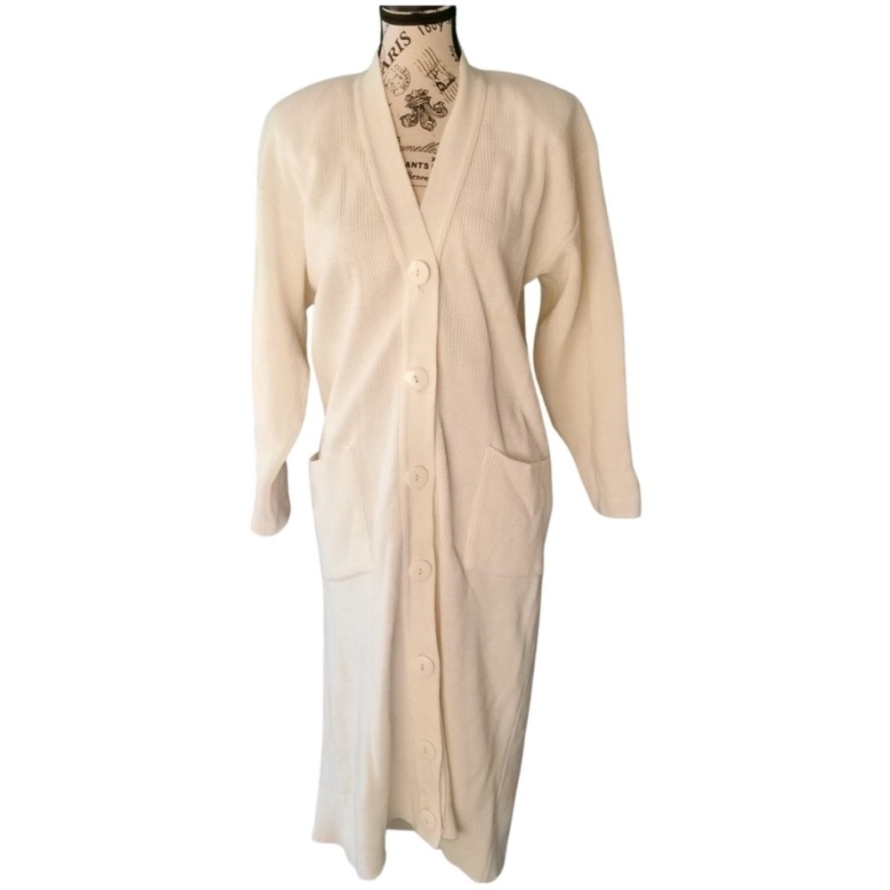 🇨🇦 80s Vintage Cream Long Button Cardigan Sweater Duster Size Small Oversized